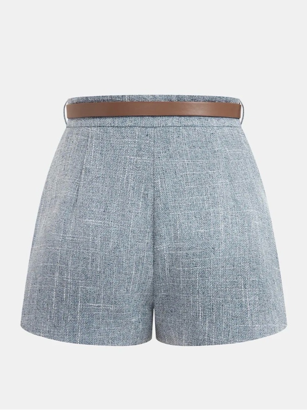 Mid-Waist Textured Blue Women's Shorts with Brown Belt - Picture 2 of 4